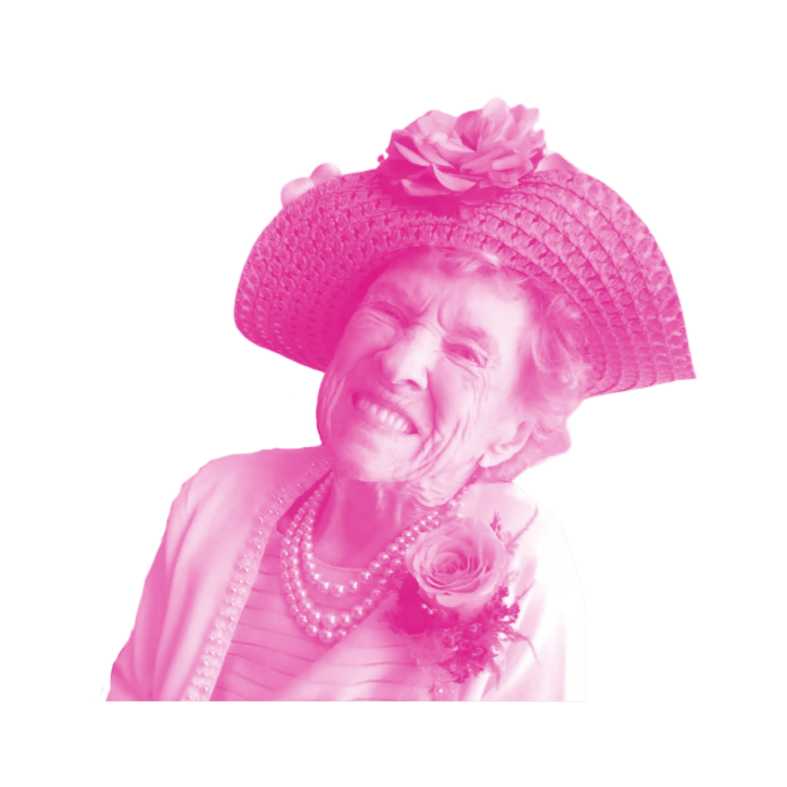 A pink and white duotoned photo of an elderly white woman with short hair and a large hat.